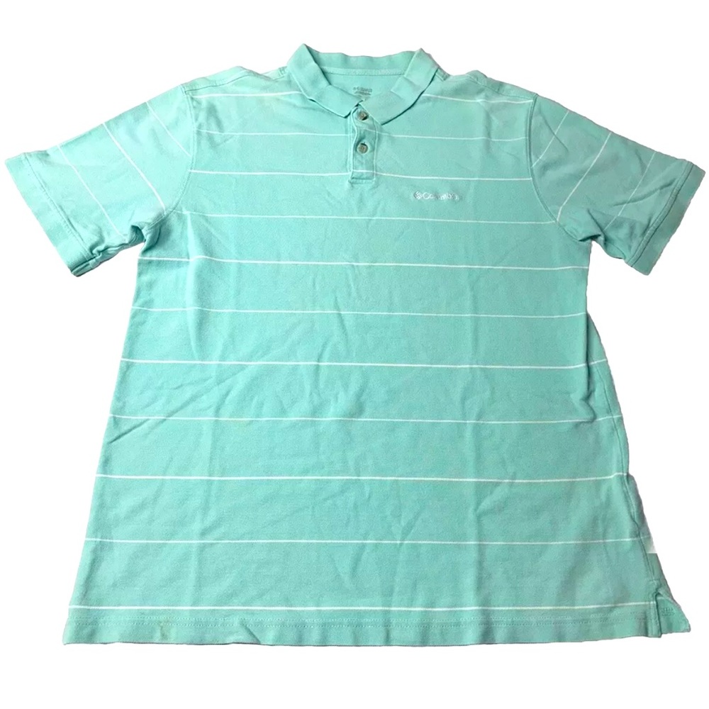 Men’s X Large Columbia Turquoise  Dress Polo Shirt Short Sleeve Striped White XL